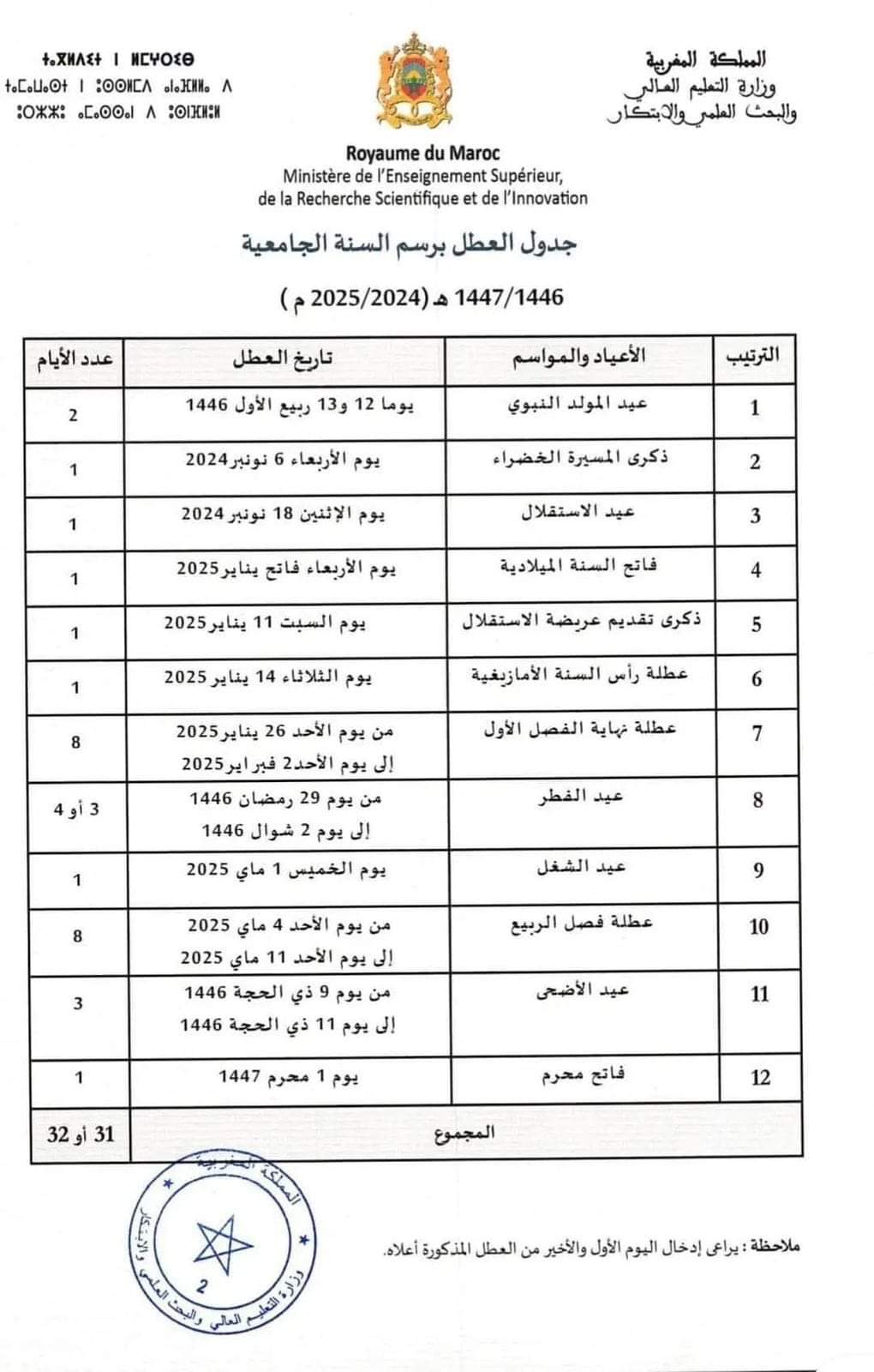 جدول العطل برسم الموسم الجامعي 2024- 2025م.